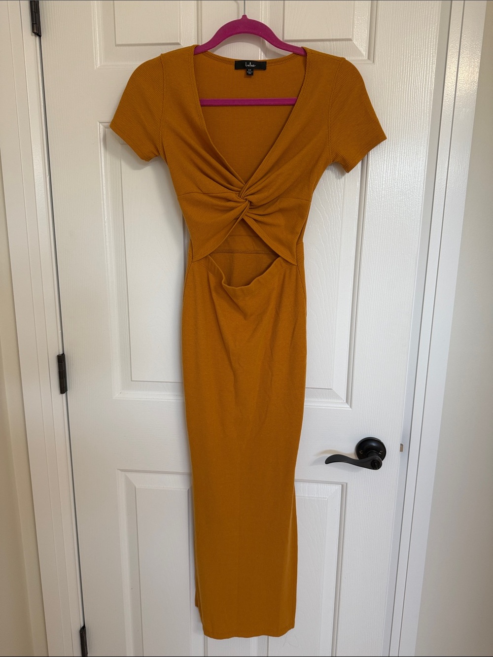 Lulu's Mustard Twist-Front Cutout Maxi Dress